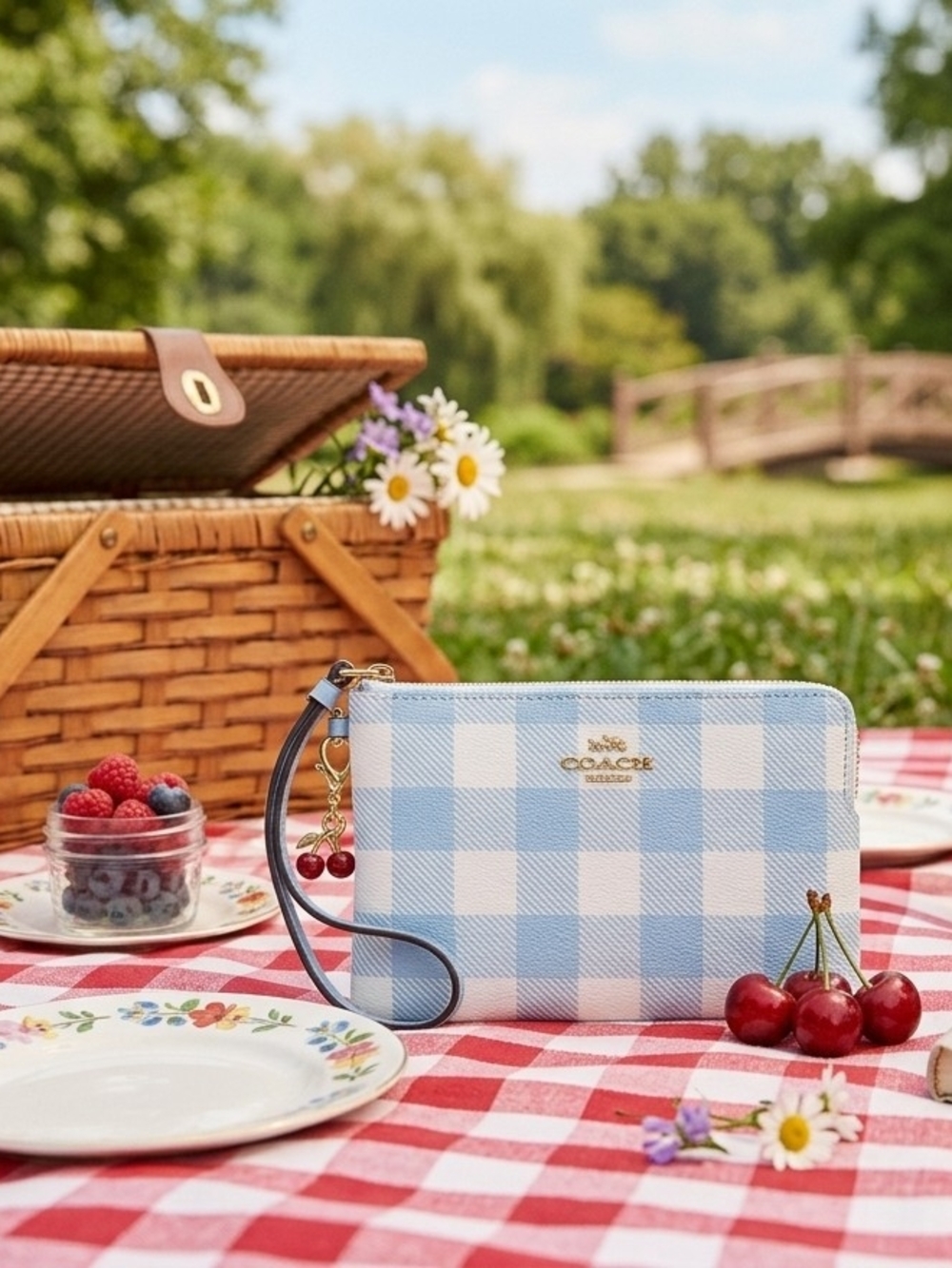 Coach Light Blue Gingham Wristlet with Cherry Charm